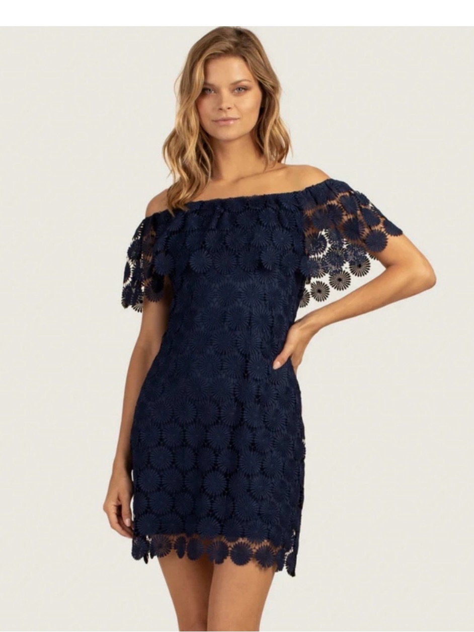 Trina Turk Bardot Off-Shoulder Navy Lace Mini Dress - Large